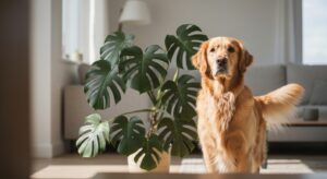 Monstera deliciosa leaves next to a curious dog sniffing the plant