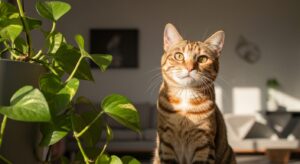 Trailing pothos vine in a hanging planter with a cat watching from below