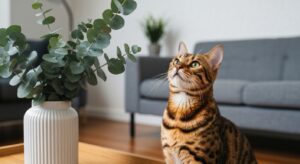 Eucalyptus branch with silvery leaves in a vase near a cat sniffing it